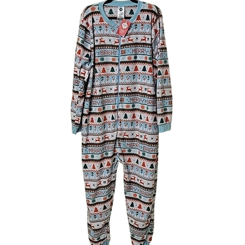 Merry Moments Holiday Onsie Full Zip MicroFleece Adult Size XL NWT